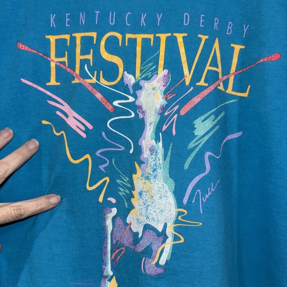 Vintage 1991 Fruit Of The Loom (Kentucky Derby) Single Stitch Teal Blue T-shirt - Picture 3 of 7